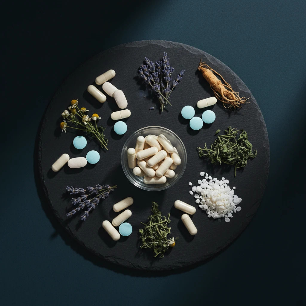 Naturliga kosttillskottsingredienser: selen, zink, vitamin C, örter och magnesiumflingor på mörk skifferyta