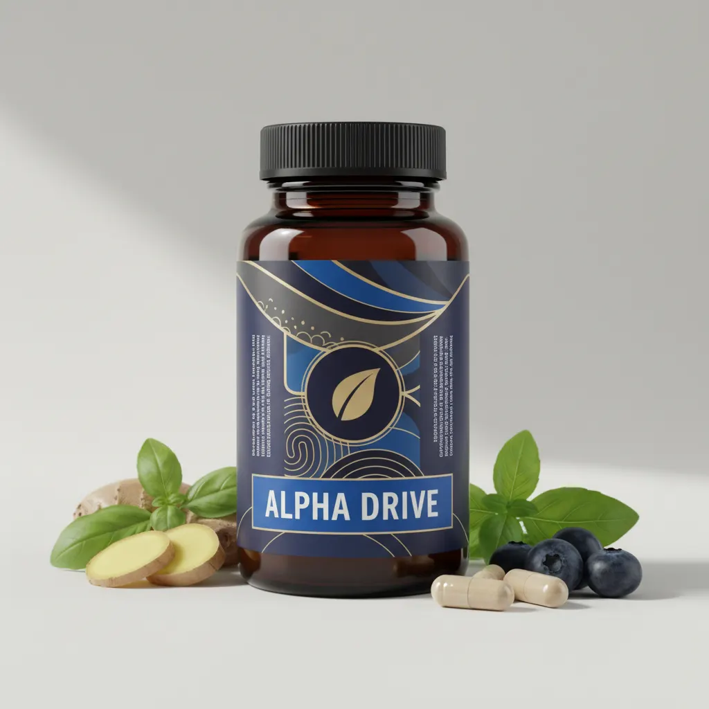 Alpha Drive - vit cylindrisk burk med hexagonalt mönster och blå gradienttext, 60 kapslar kosttillskott