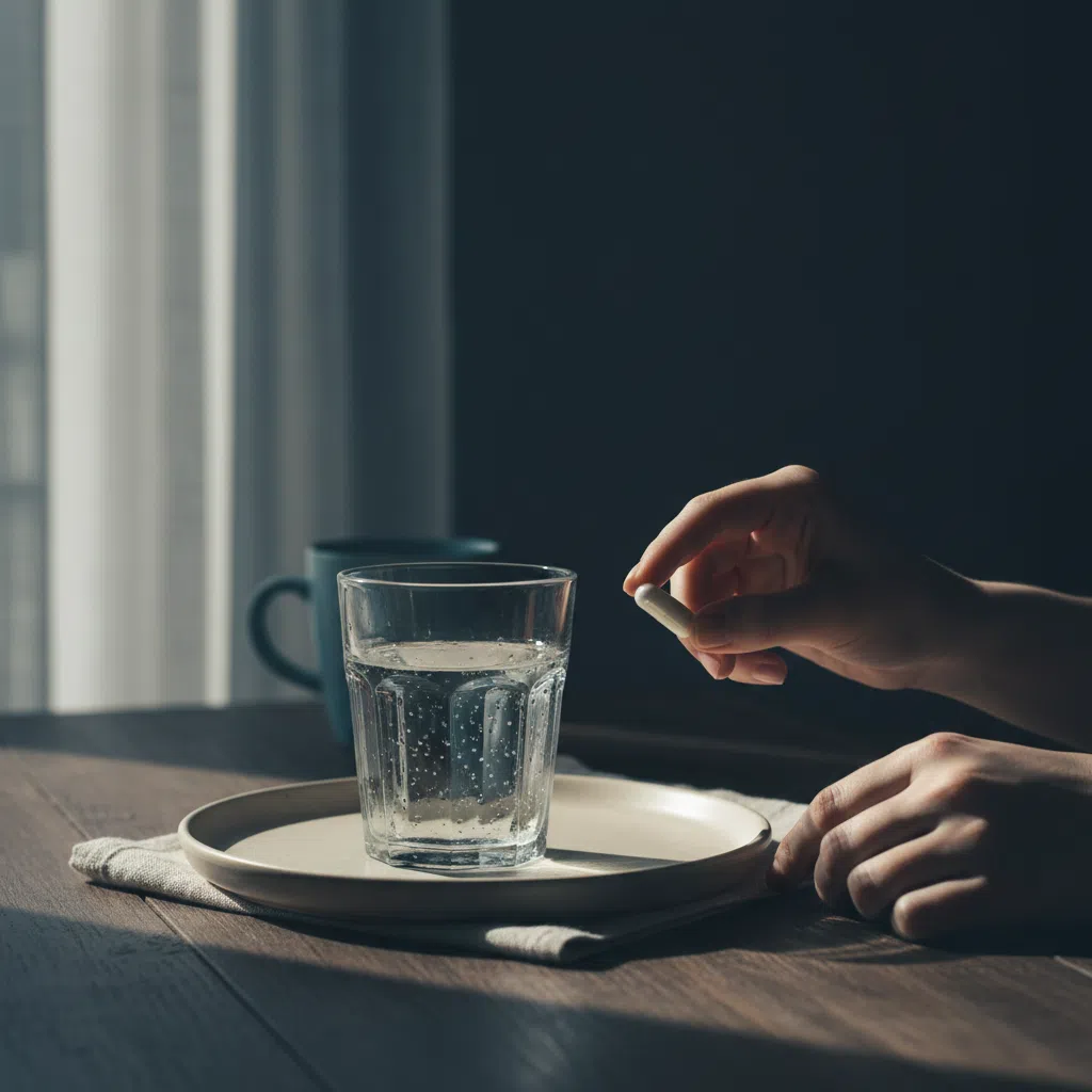 Händer håller en kapsel bredvid ett glas vatten på ett mörkt bord - morgonrutin med kosttillskott